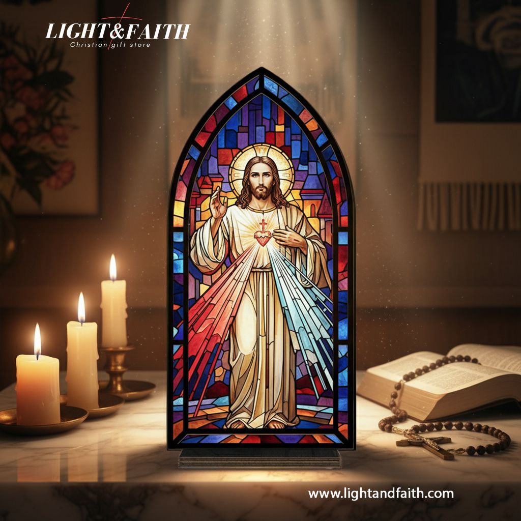 Sacred Heart Jesus Stained Glass Book Nook, Christian Home Decor, Religious Gift for Prayer Corner BNLAF01